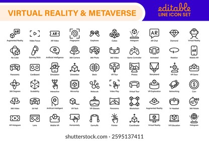 Virtual Reality and Metaverse Icon Set. A cutting-edge collection of icons designed to enhance immersive experiences, perfect for VR apps, gaming platforms, and digital worlds.