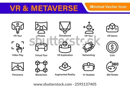 Virtual Reality and Metaverse Icon Set. A cutting-edge collection of icons designed to enhance immersive experiences, perfect for VR apps, gaming platforms, and digital worlds.