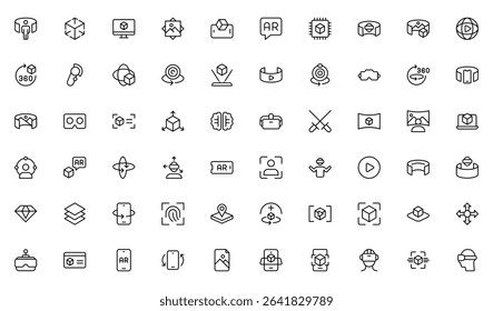 Virtual Reality and Metaverse line Icons Set. A cutting-edge collection of icons designed to enhance immersive experiences, perfect for VR apps, gaming platforms, and digital worlds.