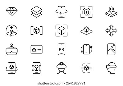 Virtual Reality and Metaverse line Icons Set. A cutting-edge collection of icons designed to enhance immersive experiences, perfect for VR apps, gaming platforms, and digital worlds.