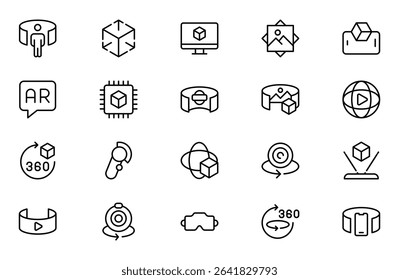 Virtual Reality and Metaverse line Icons Set. A cutting-edge collection of icons designed to enhance immersive experiences, perfect for VR apps, gaming platforms, and digital worlds.