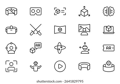 Virtual Reality and Metaverse line Icons Set. A cutting-edge collection of icons designed to enhance immersive experiences, perfect for VR apps, gaming platforms, and digital worlds.