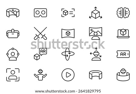 Virtual Reality and Metaverse line Icons Set. A cutting-edge collection of icons designed to enhance immersive experiences, perfect for VR apps, gaming platforms, and digital worlds.