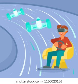 Virtual reality metaverse technology and entertainment concept vector illustration. Boy in VR headset driving race car while playing virtual reality game at home.
