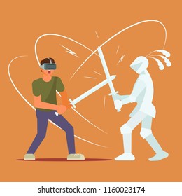 Virtual reality metaverse technology and entertainment concept vector illustration. Boy in VR headset fighting with knight using sword. Flat style design.