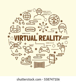 virtual reality minimal thin line icons set, vector illustration design elements