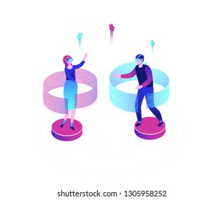 Virtual reality - modern colorful isometric vector illustration on white background. High quality composition with male, female characters, boy and girl wearing vr headsets. Technology concept