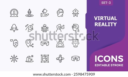 Virtual Reality modern icons. Includes thin line cyber, digital, ar, virtual, cyberspace and more. Meta Verse icon collection. Simple icon designs. Modern vector illustration.