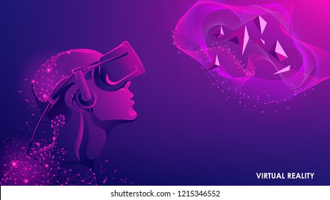 The virtual reality. Modern innovative technology. The man in the headset vr. Abstract vector image. Floating blue plexus geometric background. Polygonal mesh and blend.