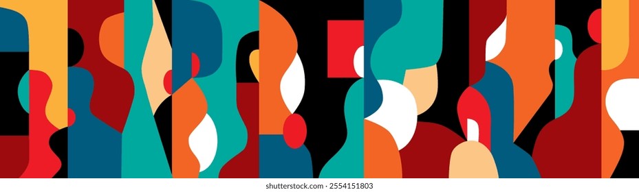 Virtual reality modern people , abstract silhouettes males females vector illustration, multicolor background