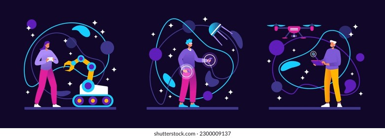 Virtual reality, modern technologies. Remote control, programs that modulate another world. Set of color vector illustrations about virtual travel. Software management from remote control, tablet
