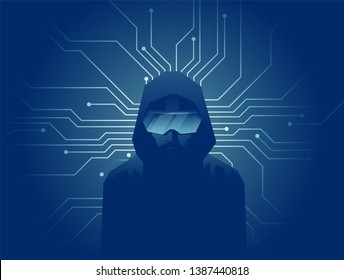 Virtual reality modern technology concept. Vector of a man in VR headset glasses on dark background with lines of internet network connections.