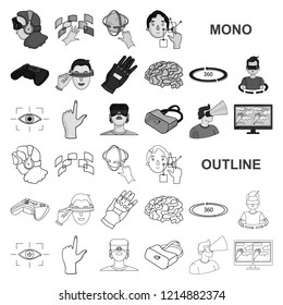 A virtual reality monochrom icons in set collection for design. Modern technology and equipment vector symbol stock web illustration.