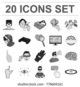 A virtual reality monochrome icons in set collection for design. Modern technology and equipment vector symbol stock web illustration.