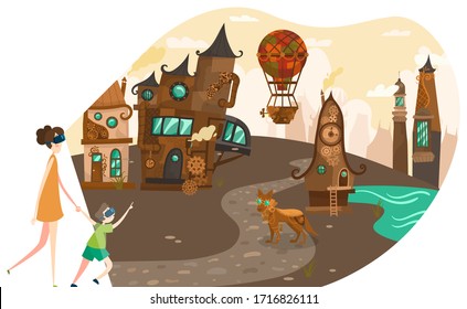 Virtual reality, mother and daughter wearing VR glasses and watching steampunk tecnology old town with fairytale creatures vector illustration. Virtual reality gadgets and historical entertainment.