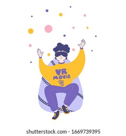 Virtual reality movie. A man watches movie with 3D glasses flat vector illustration