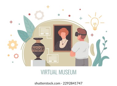 Concepto de caricatura del museo de la realidad virtual con el hombre haciendo un recorrido de exhibición en ilustración vectorial del ciberespacio