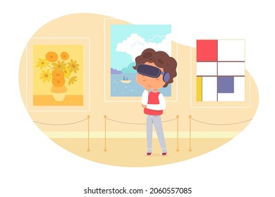 Virtual reality museum digital experience of kids, education game technology vector illustration. Cartoon girl character in vr glasses visiting gallery exhibition to enjoy painting isolated on white