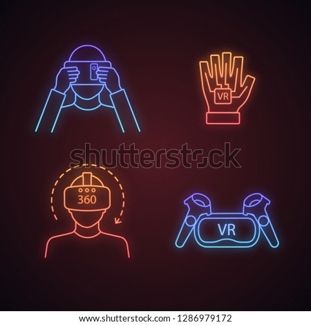 Virtual reality neon light icons set. VR cardboard, headset and controllers, players, haptic glove, 360 degree video. Glowing signs. Vector isolated illustrations