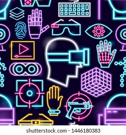Patrón de Realidad Virtual Neon Seamless. Ilustración vectorial de la promoción de los juegos VR.
