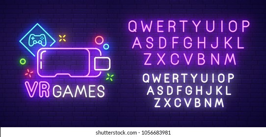 Virtual Reality Neon Sign, Bright Signboard, Light Banner. VR Game Logo, Emblem And Label. Neon Text Edit