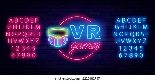 Virtual reality neon signboard. Circle frame with vr glasses. Cyber games design. Luminous blue and pink alphabet. Glowing label. Shiny banner. Vector stock illustration