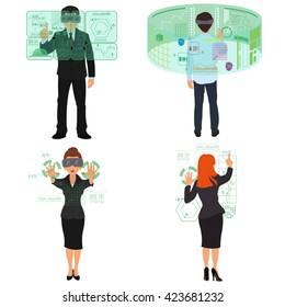 Virtual reality. New virtual technologies. Devices. Vector. man and woman working in a virtual office.