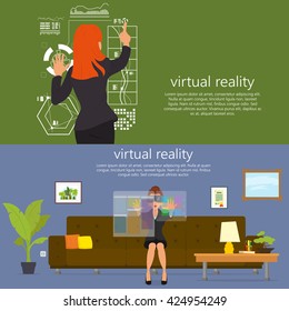 Virtual reality. New technologies. Mobile and computer systems. Devices. Vector flat illustration. Virtual, Virtual, Virtual, Virtual, Virtual, Virtual.