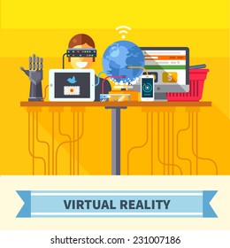 Virtual reality. New technologies and on line shopping. Mobile and computer systems. Devices. Vector flat illustration