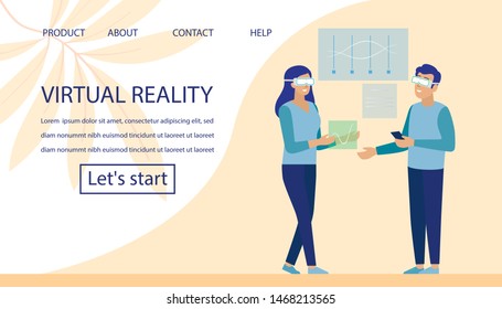 Virtual Reality and Office Coworking Landing Page. Man and Woman Workers Characters Wearing Digital VR Glasses Discussing Financial Project Results in Graphs. Cartoon Vector Flat Illustration