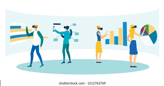 Virtual Reality in Office Flat Cartoon Vector Illustration. Man and Woman in Augmented Reality Glasses Analysing Graphs and Charts. Employees Using Electronic Devices. Interior Future Workplace.