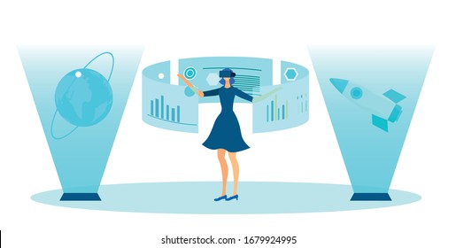 Virtual Reality in Office Flat Cartoon Vector Illustration. Woman in Augmented Reality Glasses Analysing Graphs and Charts. Employee Using Electronic Devices Looking at Holographic Rocket, Globe.