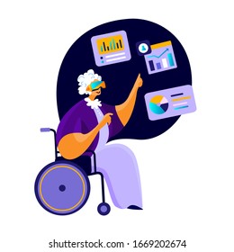 Virtual Reality. Old Disabled Handicapped Pensioner Woman in Wheelchair Studying. Wear VR Headset. Elderly Pensioner Sudent in VR Get Education. Future Technology. Online Learning. Vector illustration