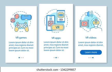 Virtual reality onboarding mobile app page screen with linear concepts. VR entertainment. VR games, apps, videos walkthrough steps graphic instructions. UX, UI, GUI vector template with illustrations
