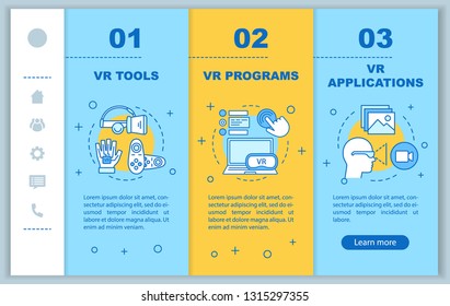 Virtual reality onboarding mobile web pages vector template. VR applying, tools, programs. Responsive smartphone website interface idea. Webpage walkthrough step screens. Color concept