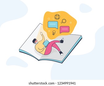 Virtual reality online education, training and courses, learning, video tutorials tiny people book flat thin line