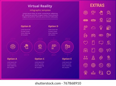 Virtual reality options infographic template, elements and icons. Infograph includes line icon set with virtual reality glasses, vr technology, video game console, cloud computing, global network etc.