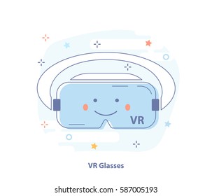 Virtual reality (or VR) glasses flat outline vector icon concept. Cute headset display with switch and lines.