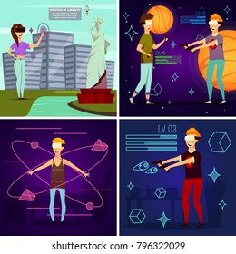 Virtual reality orthogonal flat design concept including people during education program and computer games isolated vector illustration 