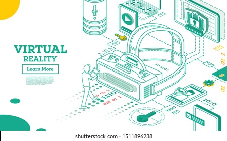 Virtual Reality Outline 3d Isometric Concept. Vector Illustration. VR Headset Isolated on White. Virtual Augmented Reality Glasses. Future Technology.  