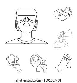 A virtual reality outline icons in set collection for design. Modern technology and equipment vector symbol stock web illustration.