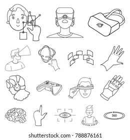 A virtual reality outline icons in set collection for design. Modern technology and equipment vector symbol stock web illustration.