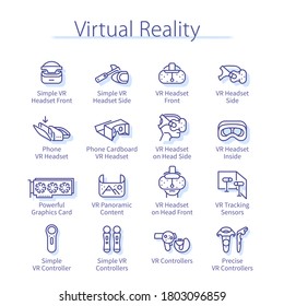 Virtual reality pack. thin line icons set. User man head in VR headset equipment, motion controller device for gaming entertainment. Video simulation technology isolated linear vector illustrations