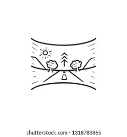 Virtual reality panoramic landscape hand drawn outline doodle icon. VR gaming, 360 degree game panorama concept. Vector sketch illustration for print, web, mobile and infographics on white background.