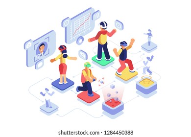 Virtual reality with people in headsets immersing in vr world. Men and women in virtual augmented reality glasses learning and entertaining vector illustration flat style concept. Technology of future