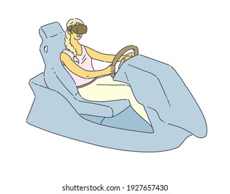Virtual reality. People playing in VR games. Girl sits in chair behind steering wheel in vr glasses. Virtual reality and gadgets gaming system accessories flat line vector