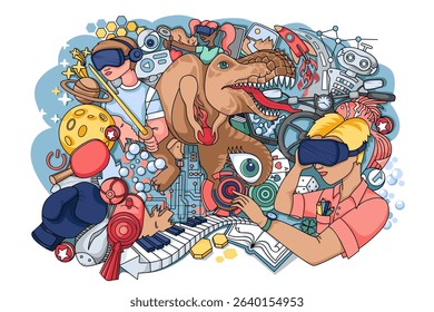 Virtual reality. People with smart glasses. Technology, games, science, virtual education. Sketch vector illustration