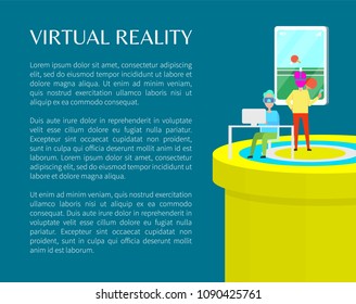 Virtual reality people in vr glasses color banner isolated on blue backdrop vector illustration, table tennis in abstract world simulator, text sample