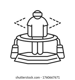 Virtual reality platform black line icon. Man in VR helmet gaming on platform. Cyberspace, simulation, interactive. Pictogram for web page, mobile app. UI UX GUI design element. Editable stroke