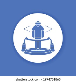 Virtual reality platform glyph icon. Man in VR helmet gaming on platform. Cyberspace, simulation, interactive. Pictogram for web page, mobile app. UI UX GUI design element